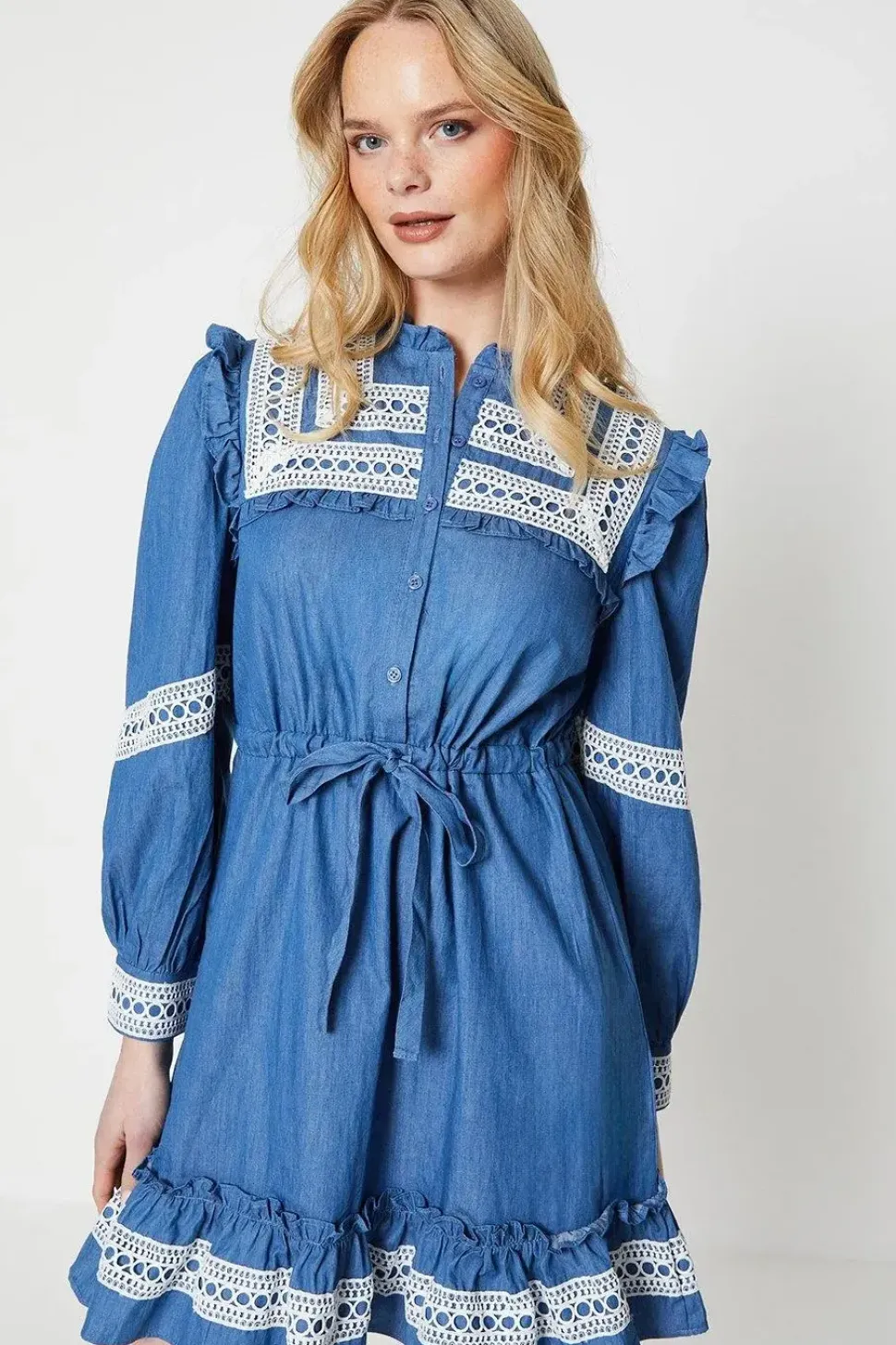 Chambray Lace Trim Drawstring Mini Dress
