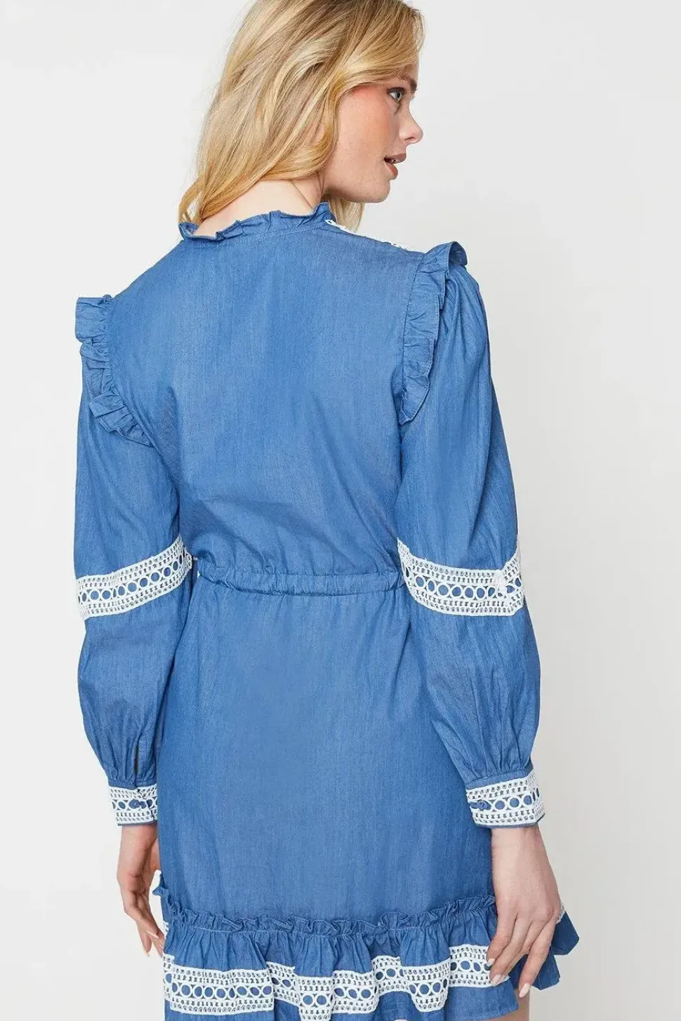 Chambray Lace Trim Drawstring Mini Dress