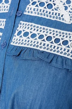 Chambray Lace Trim Drawstring Mini Dress