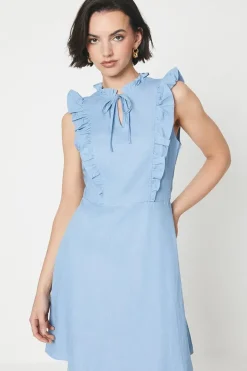 Chambray Lace Trim Ruffle Mini Dress