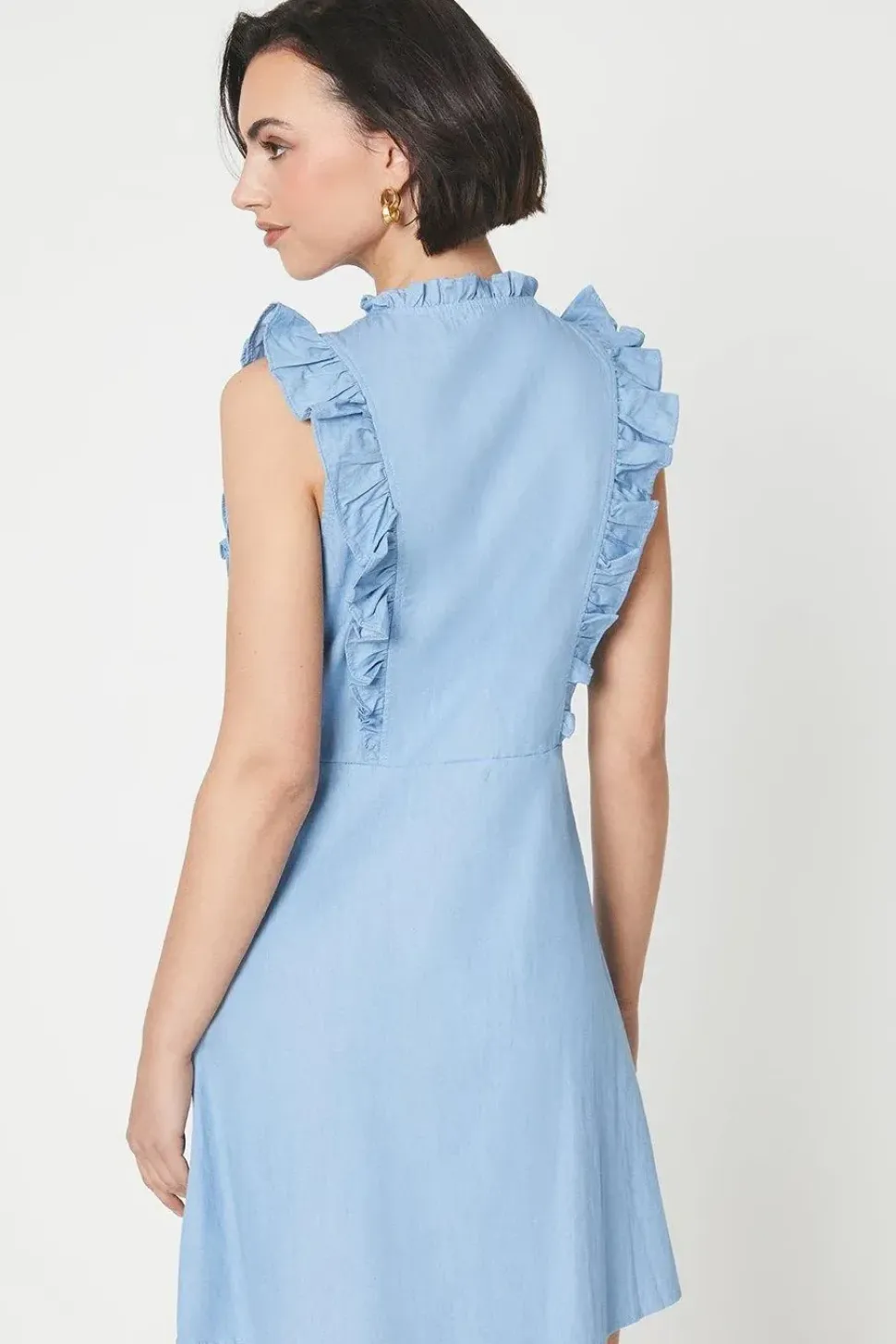 Chambray Lace Trim Ruffle Mini Dress
