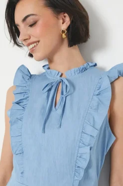 Chambray Lace Trim Ruffle Mini Dress