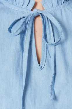 Chambray Lace Trim Ruffle Mini Dress