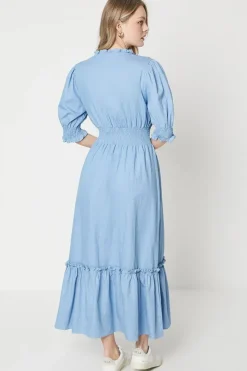 Chambray Lace Trim Shirred Waist Midi Dress