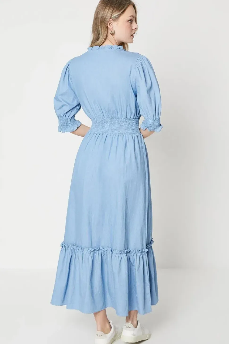 Chambray Lace Trim Shirred Waist Midi Dress