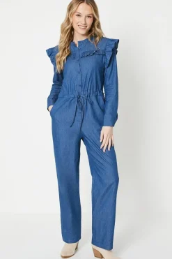Chambray Ruffle Detail Drawstring Jumpsuit