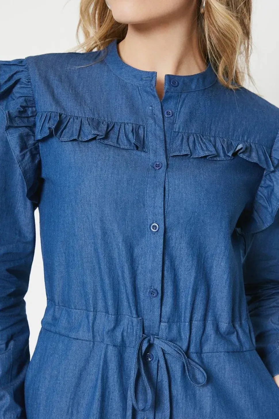 Chambray Ruffle Detail Drawstring Jumpsuit