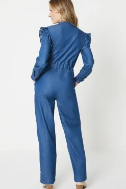 Chambray Ruffle Detail Drawstring Jumpsuit