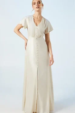 Champagne Shimmer Flutter Sleeve Maxi Wedding Dress