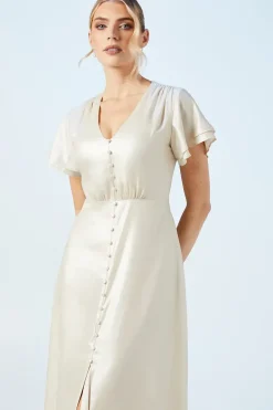 Champagne Shimmer Flutter Sleeve Maxi Wedding Dress
