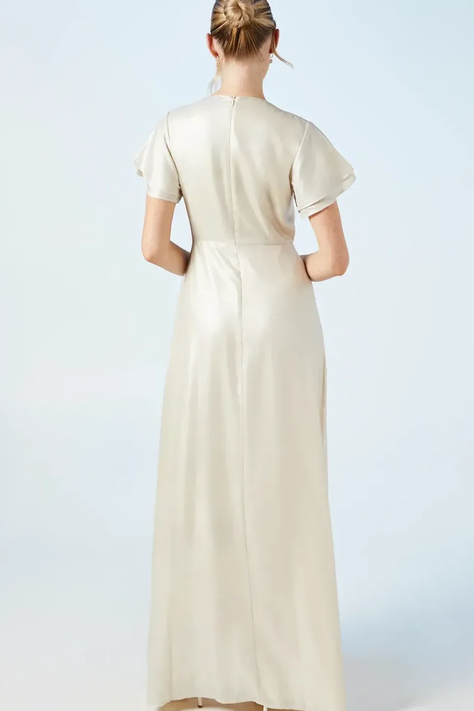 Champagne Shimmer Flutter Sleeve Maxi Wedding Dress