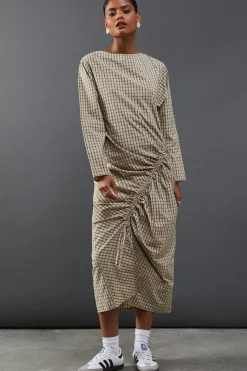 Check Batwing Channel Detail Midi Dress