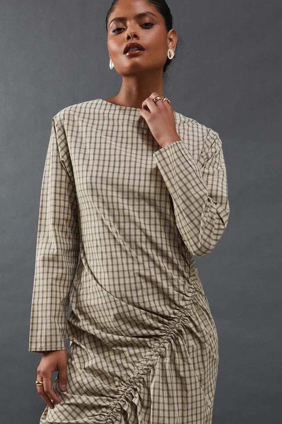Check Batwing Channel Detail Midi Dress