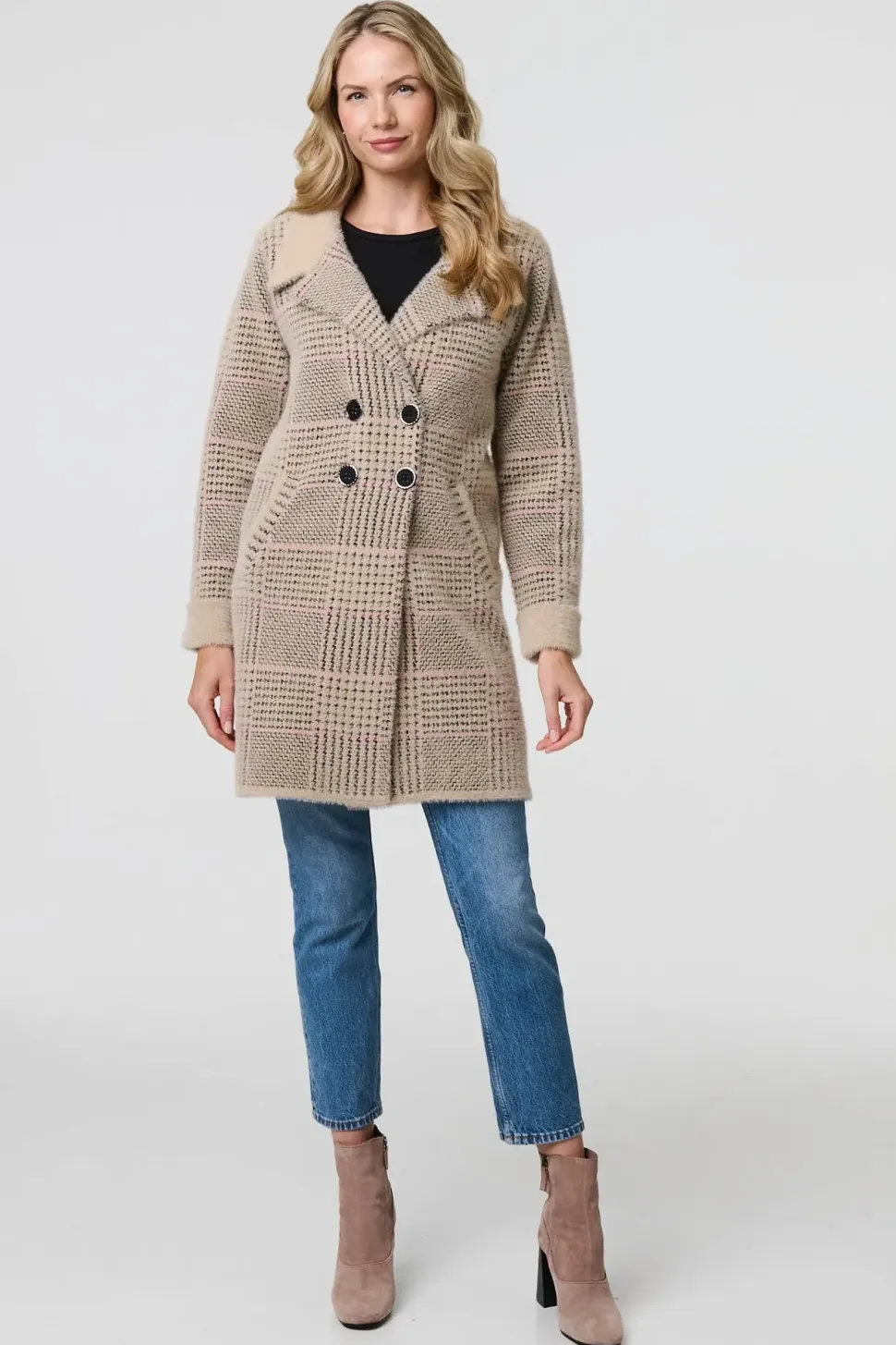 Checked Button Front Thigh Length Trench Coat