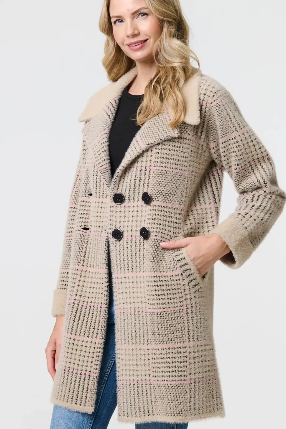 Checked Button Front Thigh Length Trench Coat