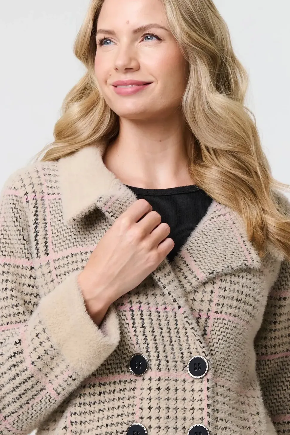 Checked Button Front Thigh Length Trench Coat
