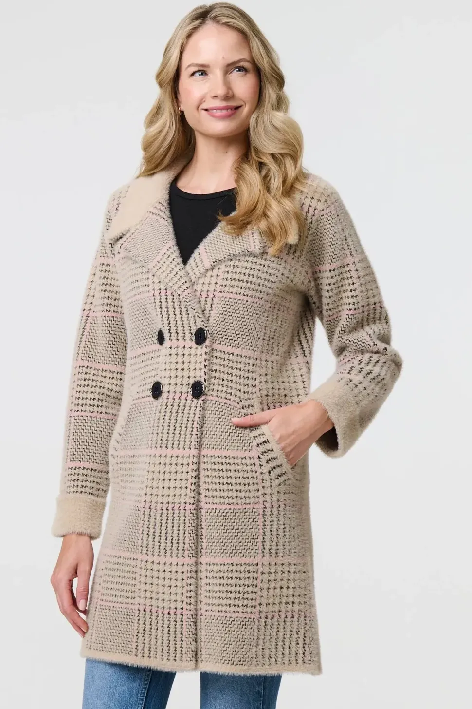 Checked Button Front Thigh Length Trench Coat