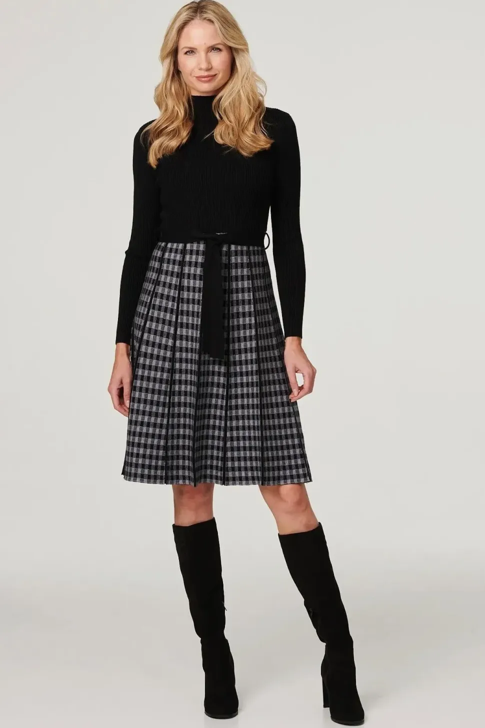 Checked High Neck Knit Dress
