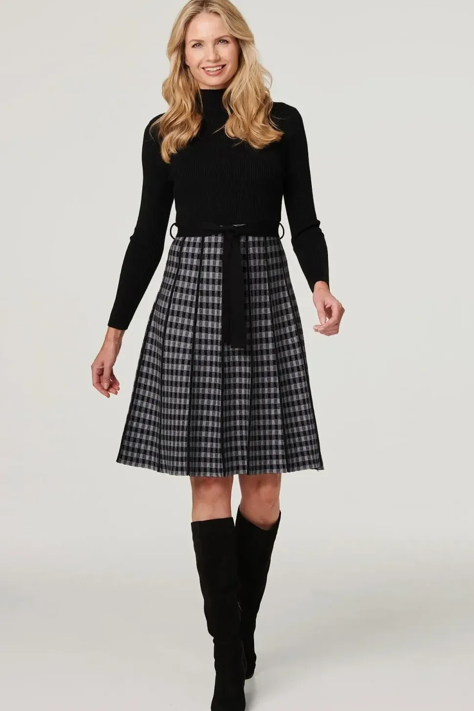 Checked High Neck Knit Dress