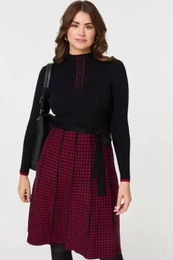 Checked Pleated Knee Length Jumper Dress