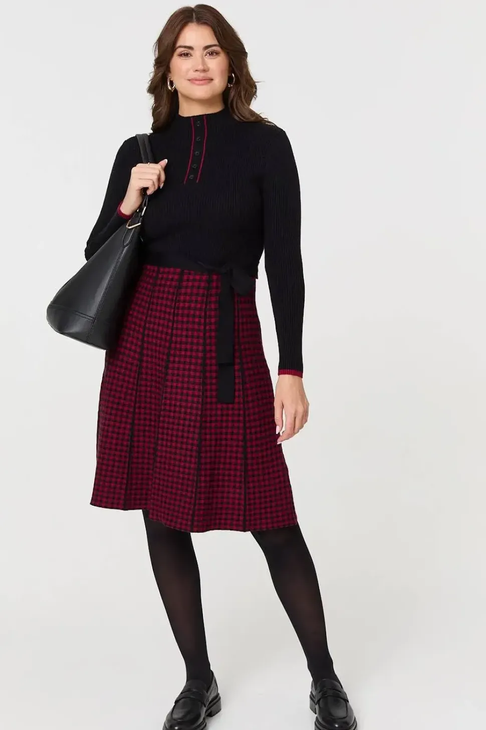 Checked Pleated Knee Length Jumper Dress