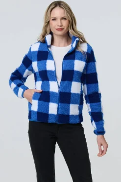 Checked Print Teddy Fur Zip Front Jacket