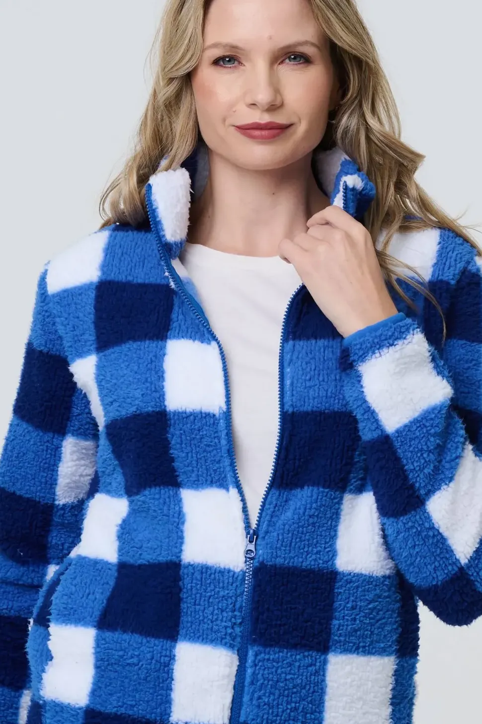 Checked Print Teddy Fur Zip Front Jacket