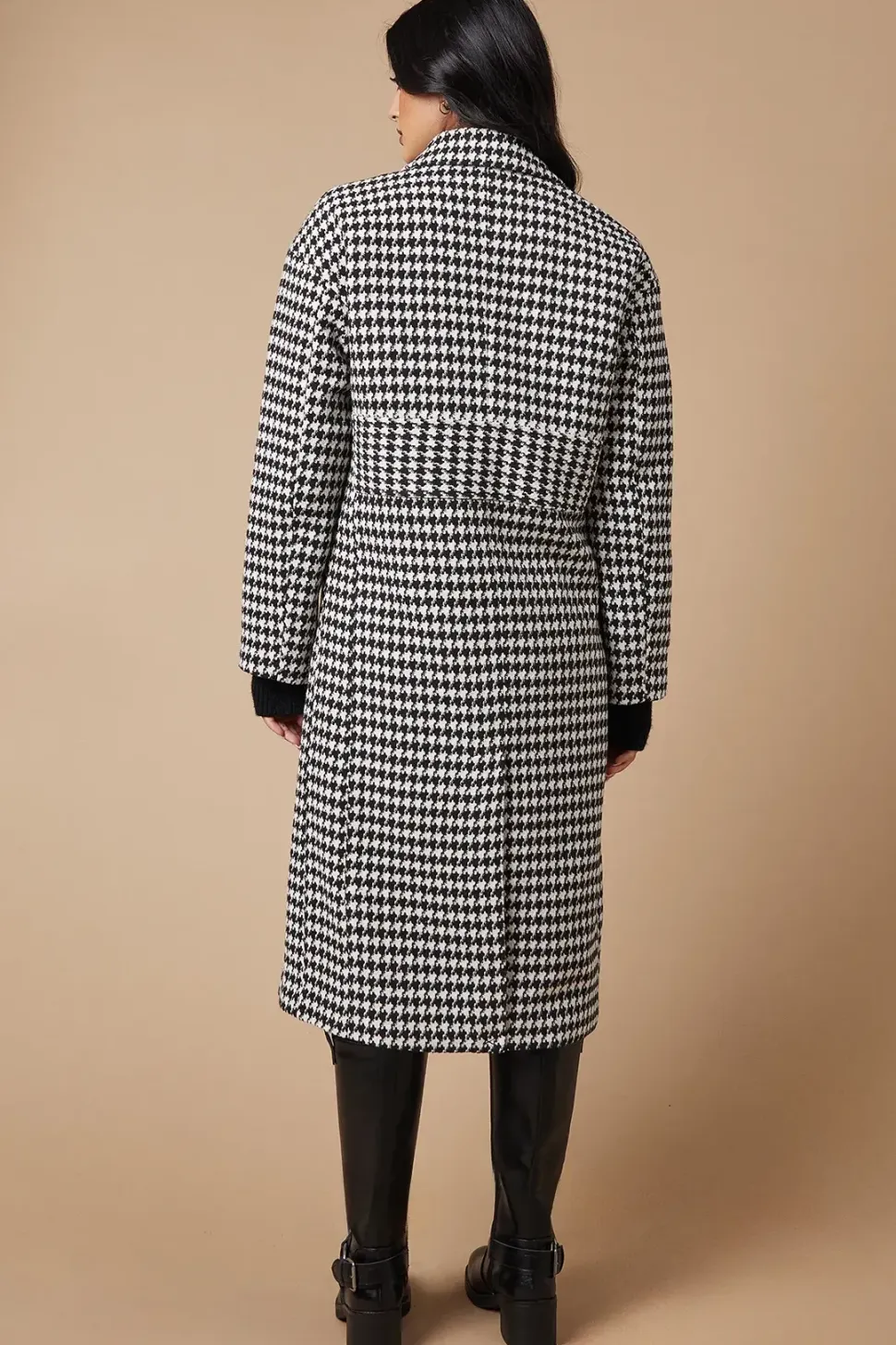 Checked Tab Back Detail Faux Wool Double Breasted Midi Coat