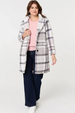 Checked Teddy Fur Thigh Length Jacket