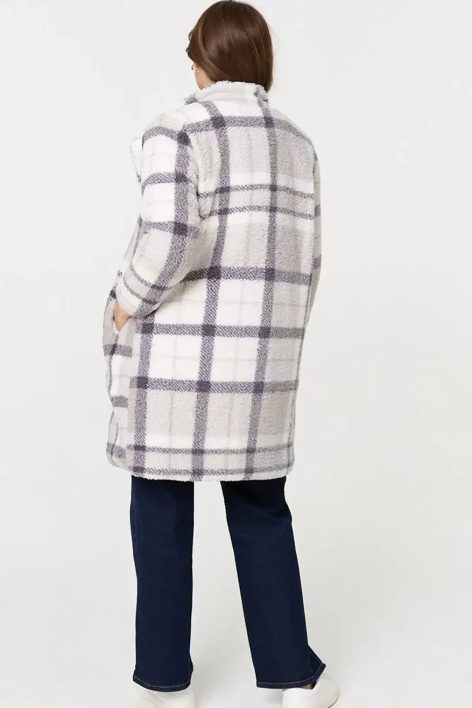 Checked Teddy Fur Thigh Length Jacket