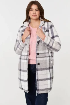 Checked Teddy Fur Thigh Length Jacket