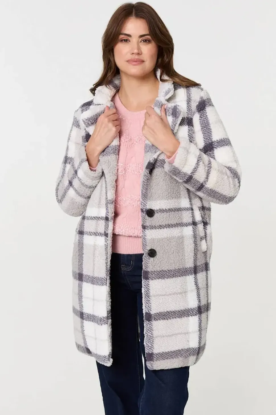 Checked Teddy Fur Thigh Length Jacket