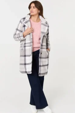 Checked Teddy Fur Thigh Length Jacket