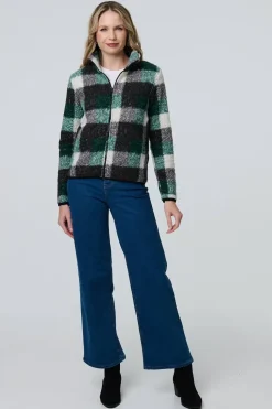Checked Zip Front Boxy Teddy Jacket