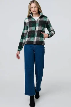 Checked Zip Front Boxy Teddy Jacket