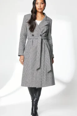 Check Funnel Neck Belted Wrap Coat