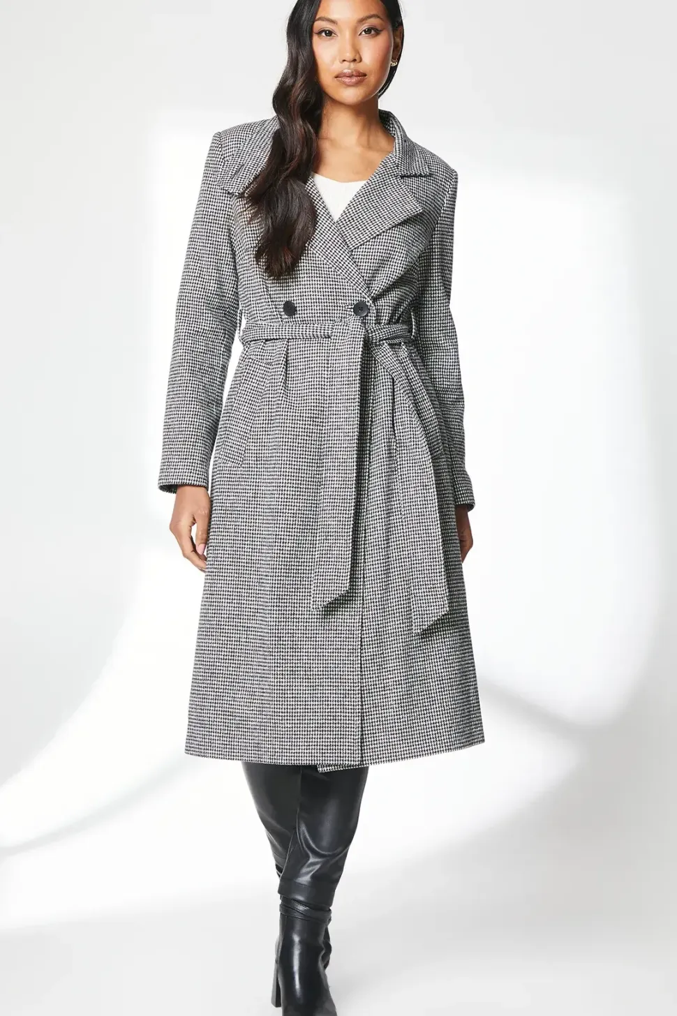 Check Funnel Neck Belted Wrap Coat