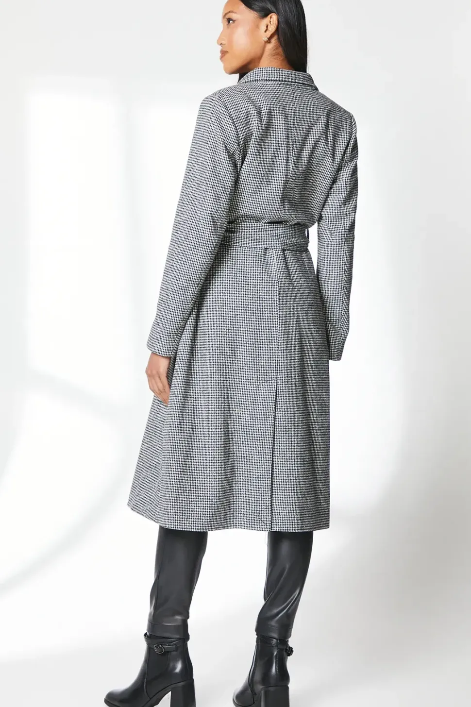 Check Funnel Neck Belted Wrap Coat