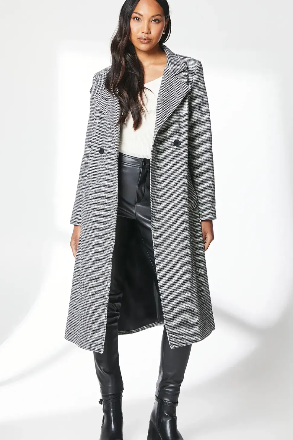 Check Funnel Neck Belted Wrap Coat