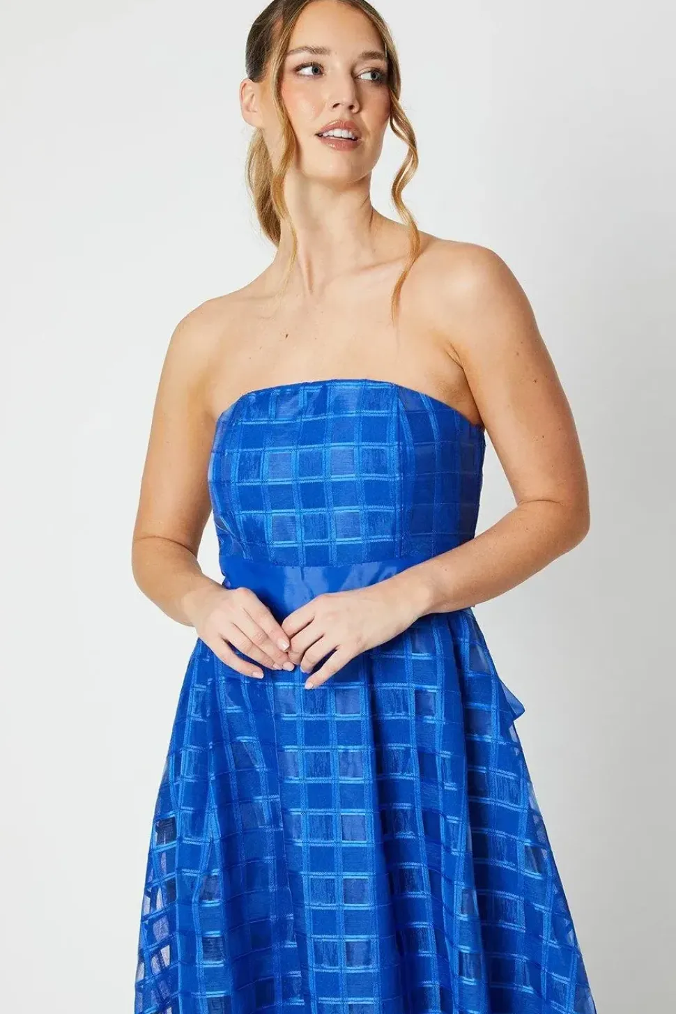 Check Organza Bandeau Midi Dress With Tie Waist