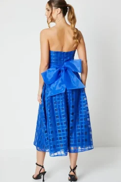Check Organza Bandeau Midi Dress With Tie Waist