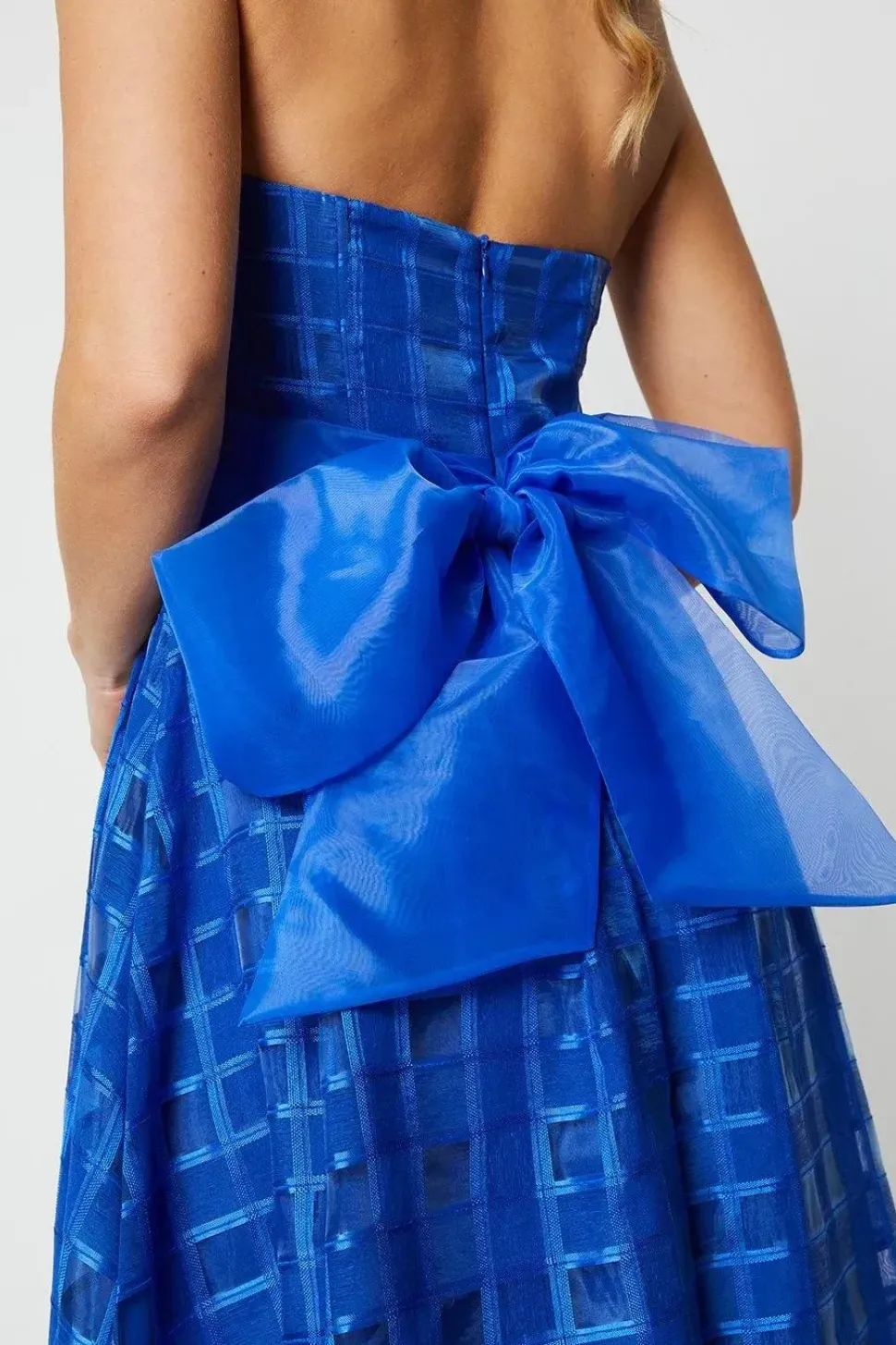 Check Organza Bandeau Midi Dress With Tie Waist