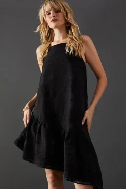 Check Organza High Neck Asymmetric Smock Dress
