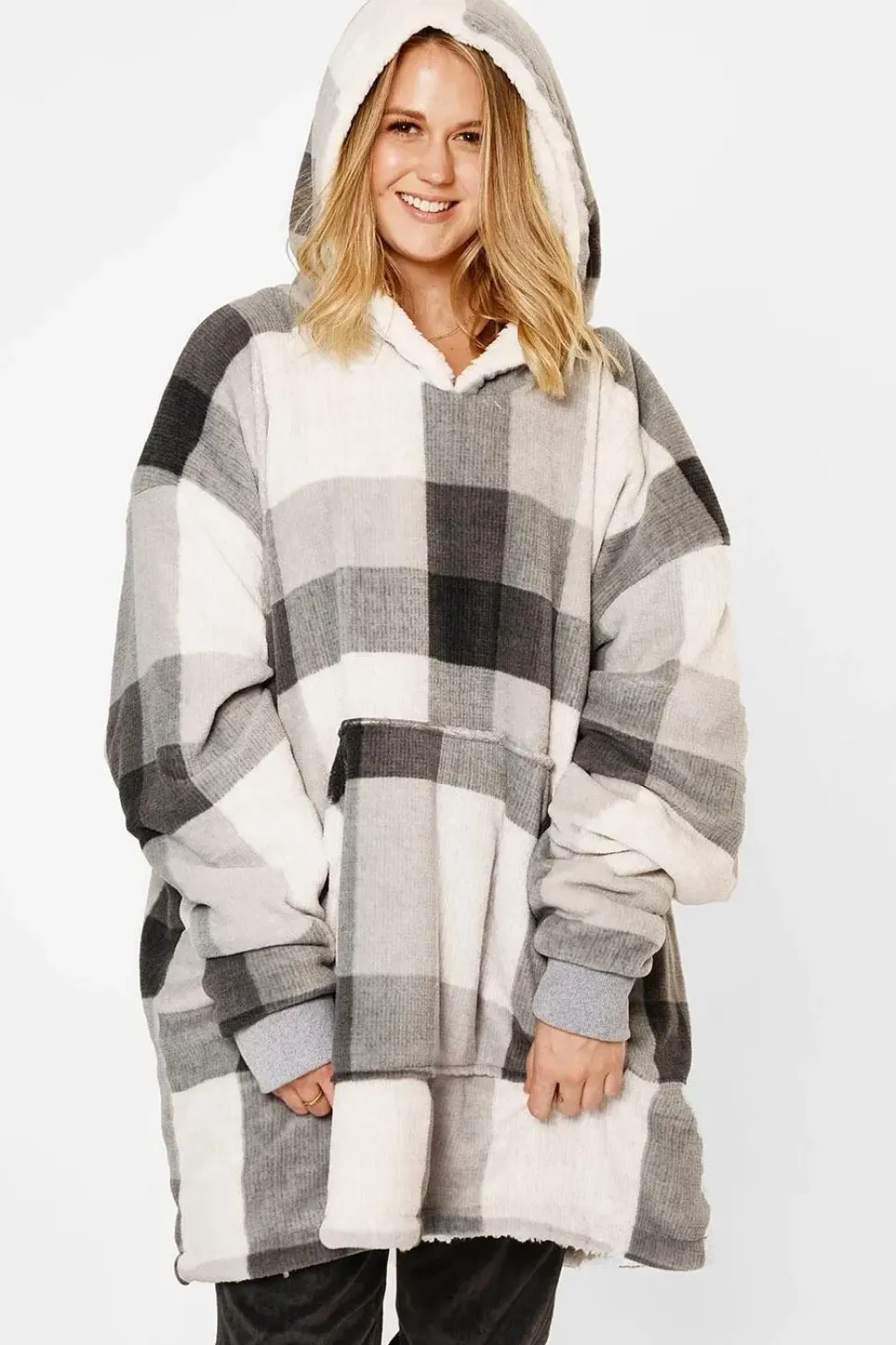 Check Oversized Sherpa Fleece Hoodie Blanket
