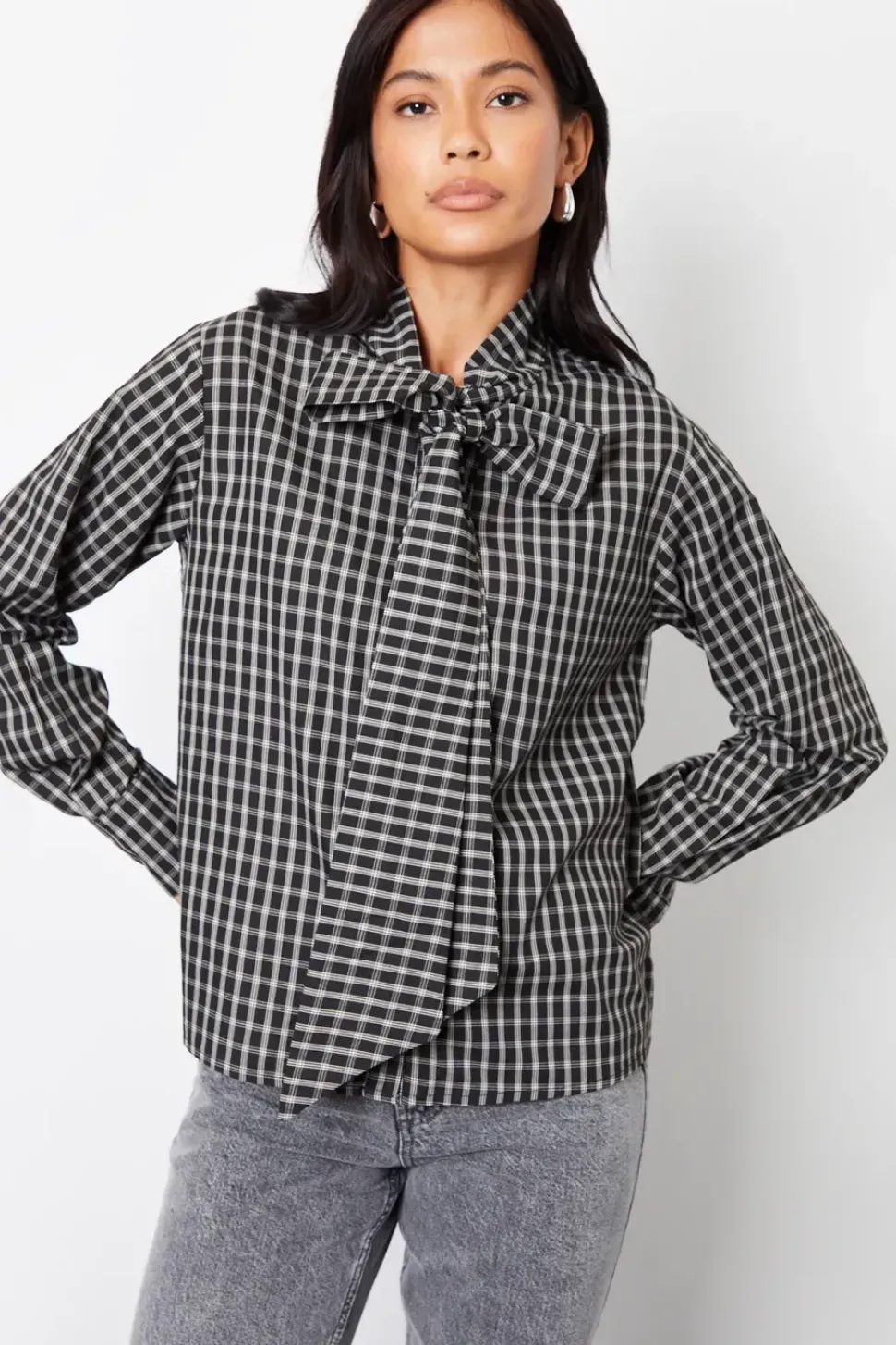 Check Pussybow Detail Long Sleeve Shirt