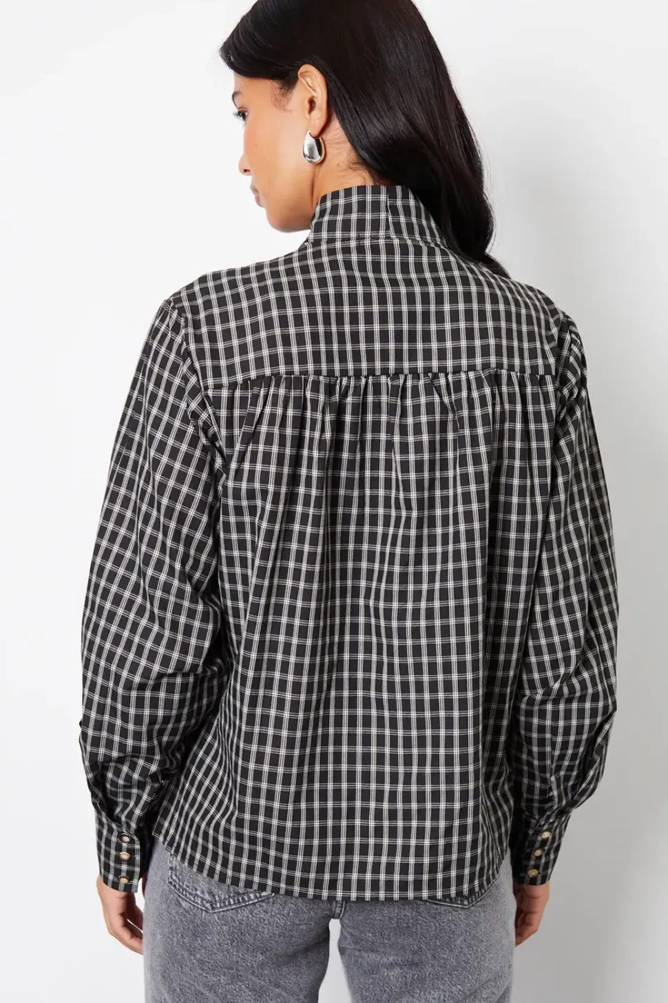 Check Pussybow Detail Long Sleeve Shirt