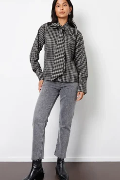 Check Pussybow Detail Long Sleeve Shirt