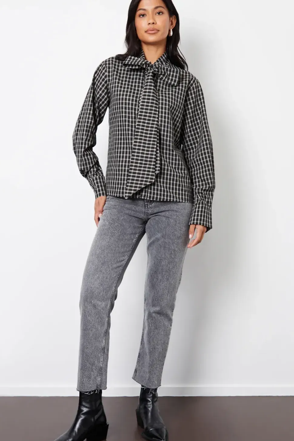Check Pussybow Detail Long Sleeve Shirt