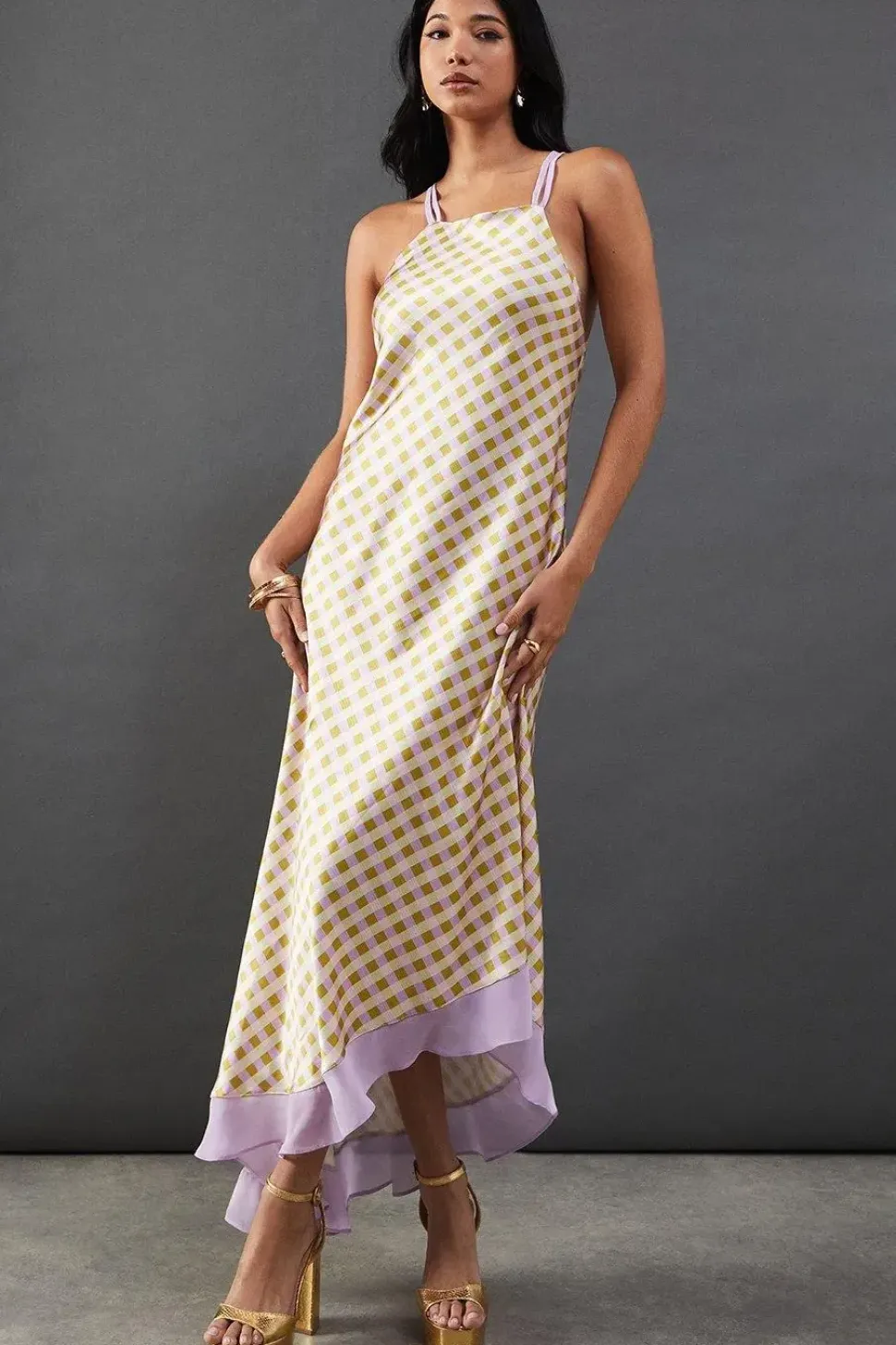 Check Satin Strappy Asymmetric Chiffon Insert Midi Dress