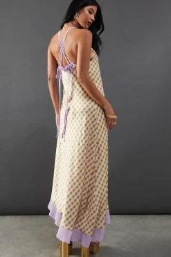Check Satin Strappy Asymmetric Chiffon Insert Midi Dress